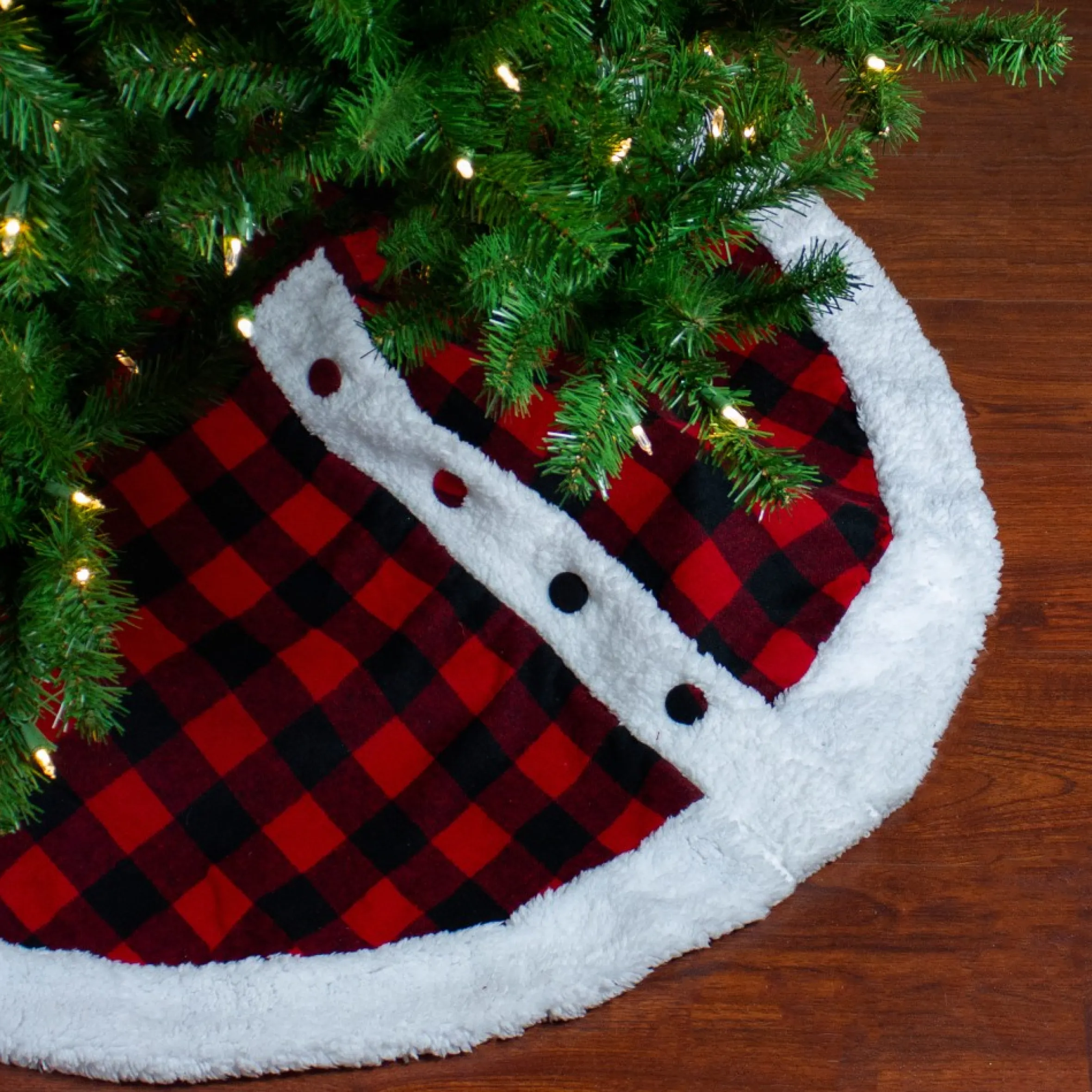 48" Black And Red Buttoned Buffalo Plaid Christmas Tree Skirt
