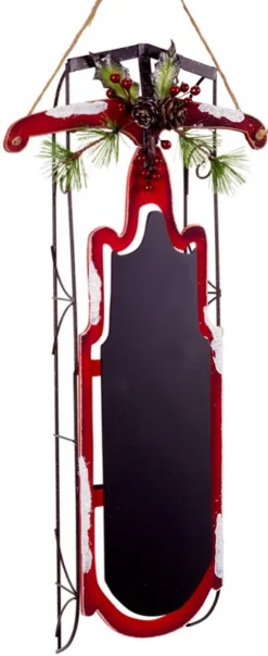 21.5" Black And Red Pine Cones Christmas Chalkboard Sled With Berries