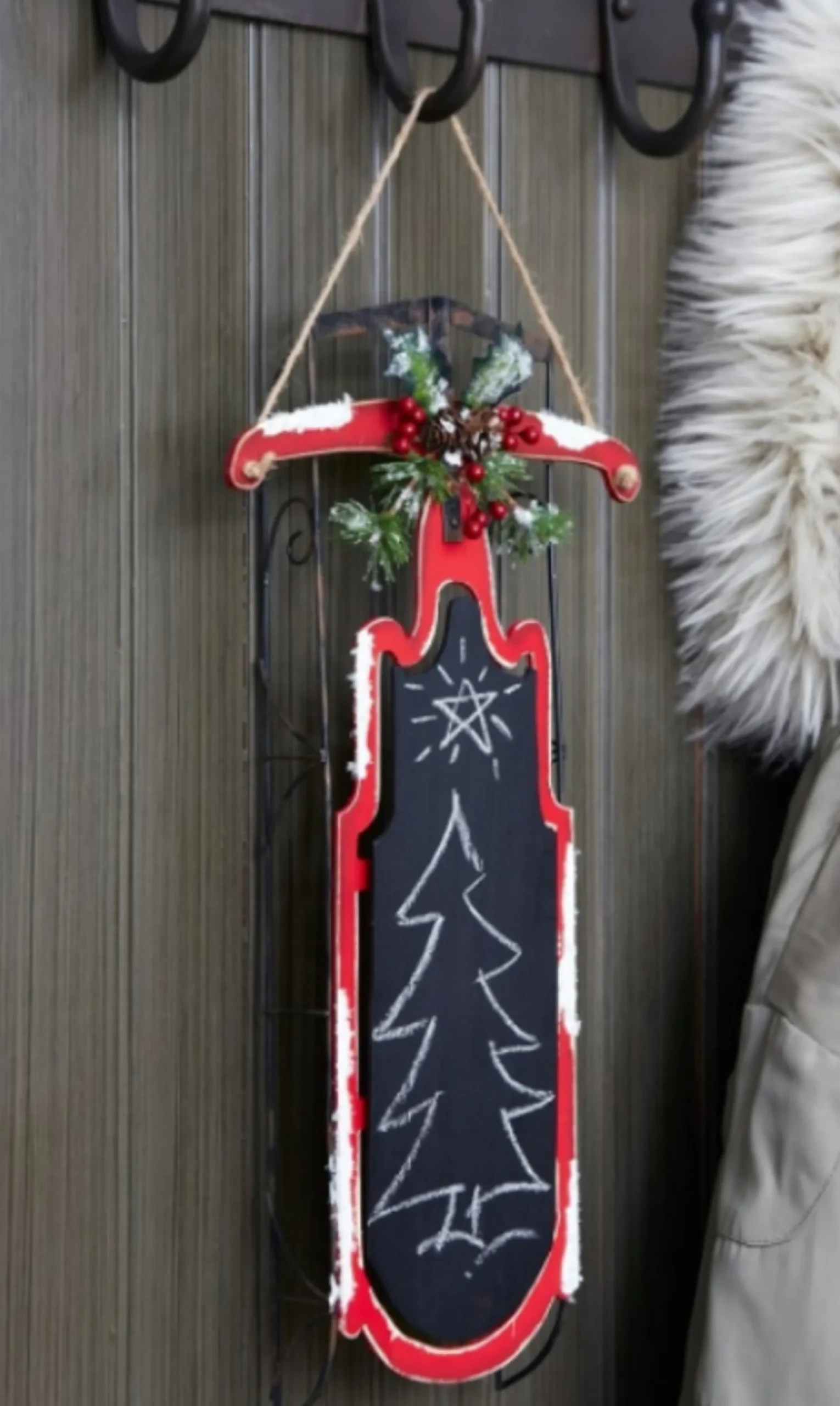21.5" Black And Red Pine Cones Christmas Chalkboard Sled With Berries