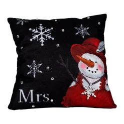 13" Black And Red Sequined "Mrs." Snowman Christmas Themed Square Throw Pillow