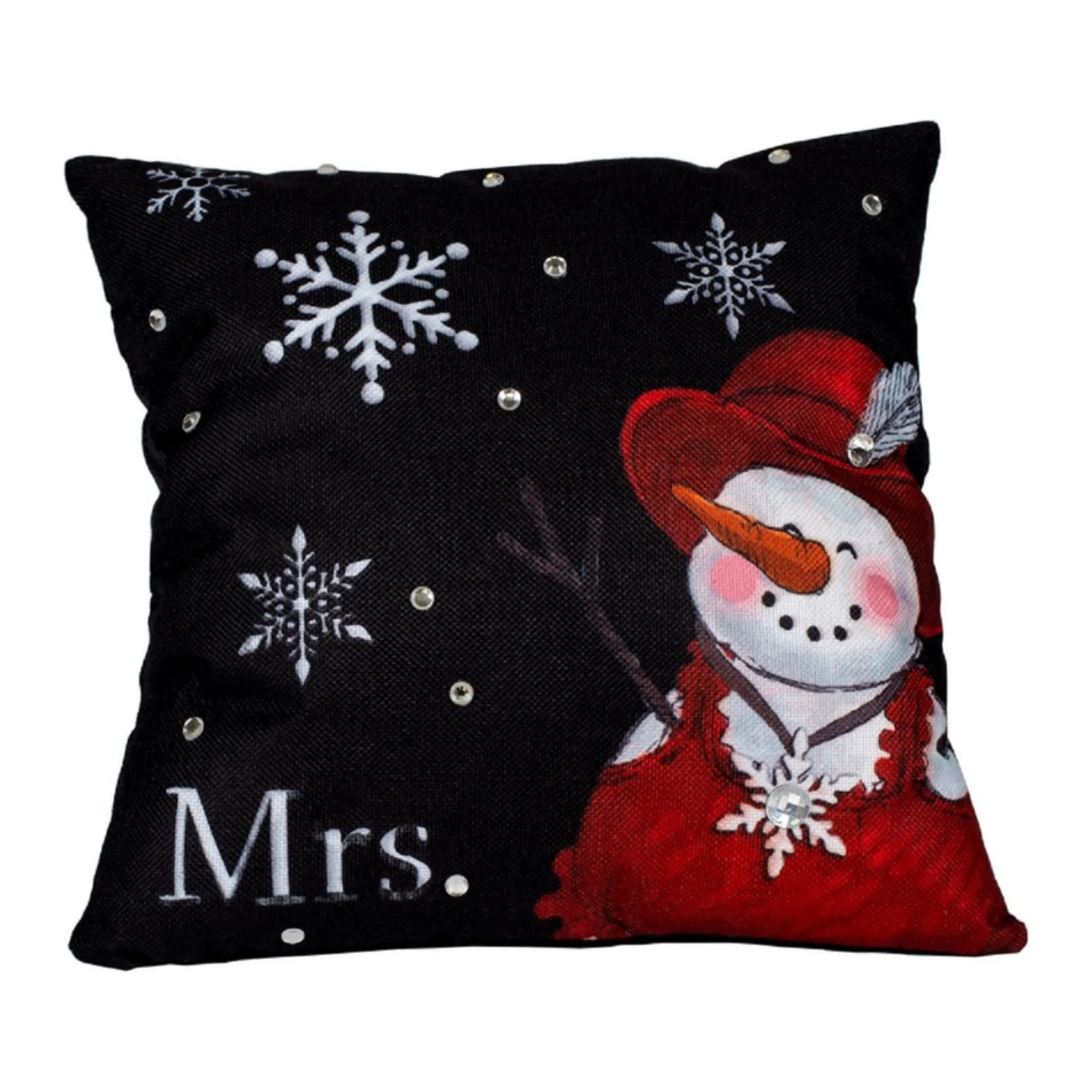 13" Black And Red Sequined "Mrs." Snowman Christmas Themed Square Throw Pillow