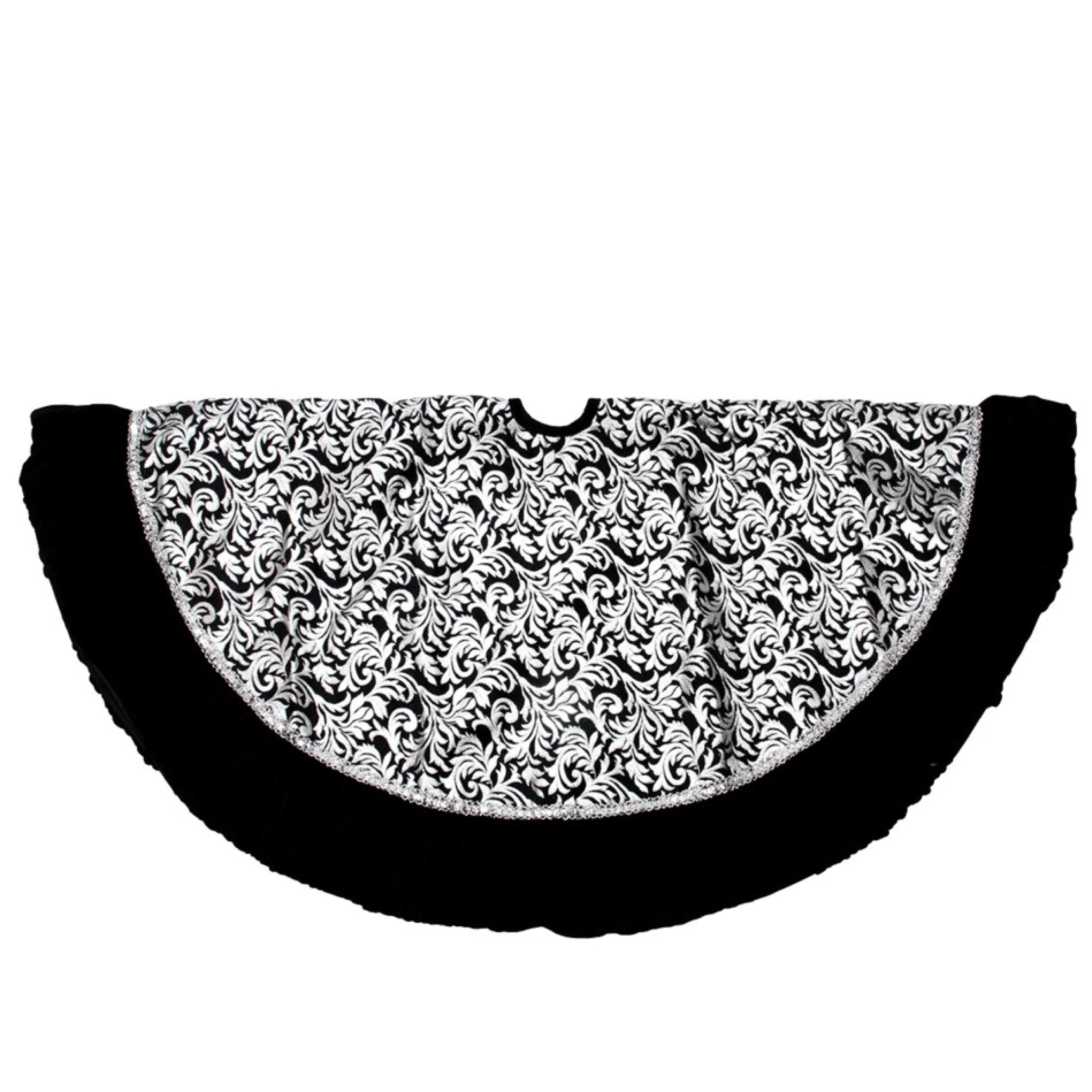 48" Black And Silver Metallic Flourish Christmas Tree Skirt With Venetian-Style Ruffled Trim