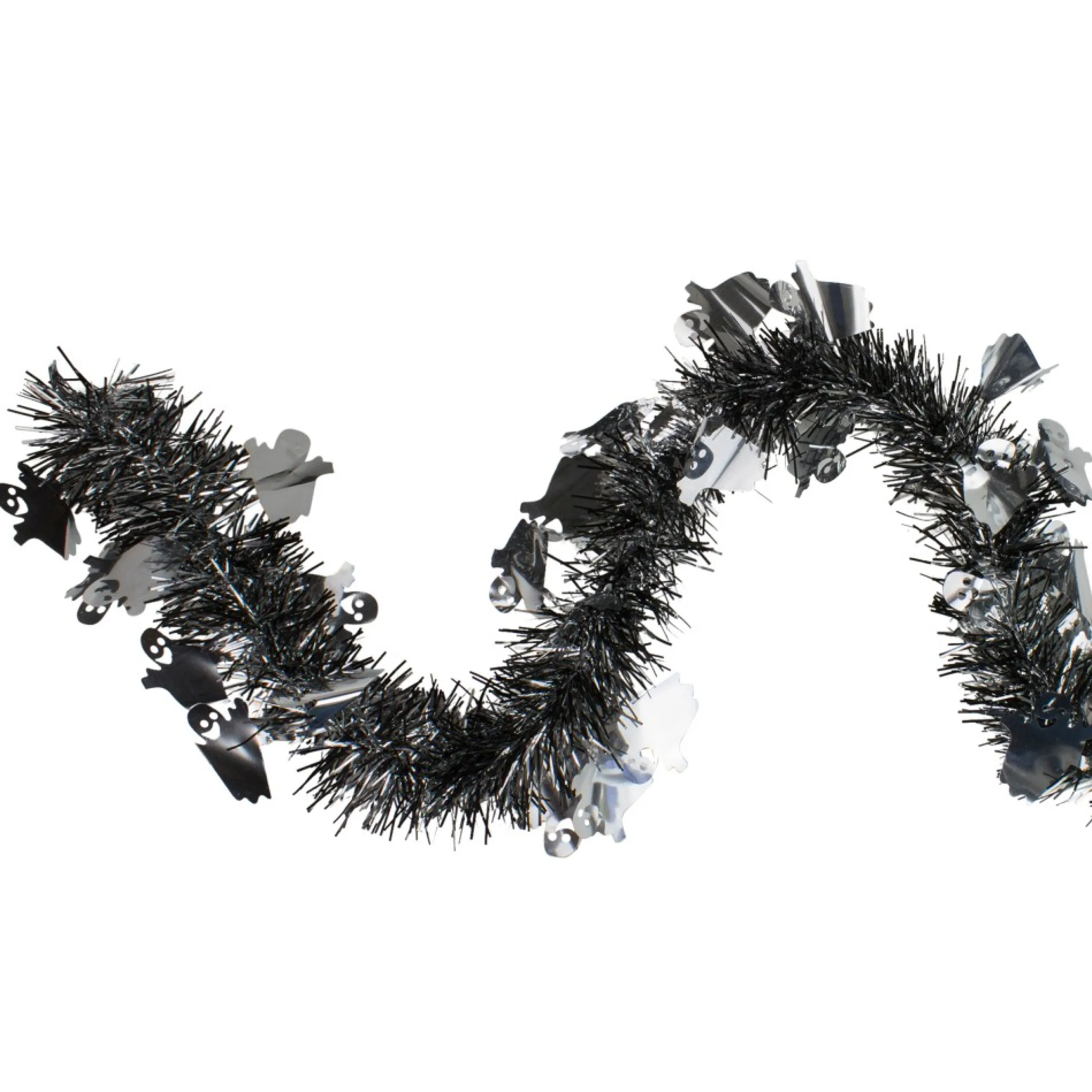 Black And Silver With Ghosts Halloween Tinsel Garland - 50 Feet, Unlit