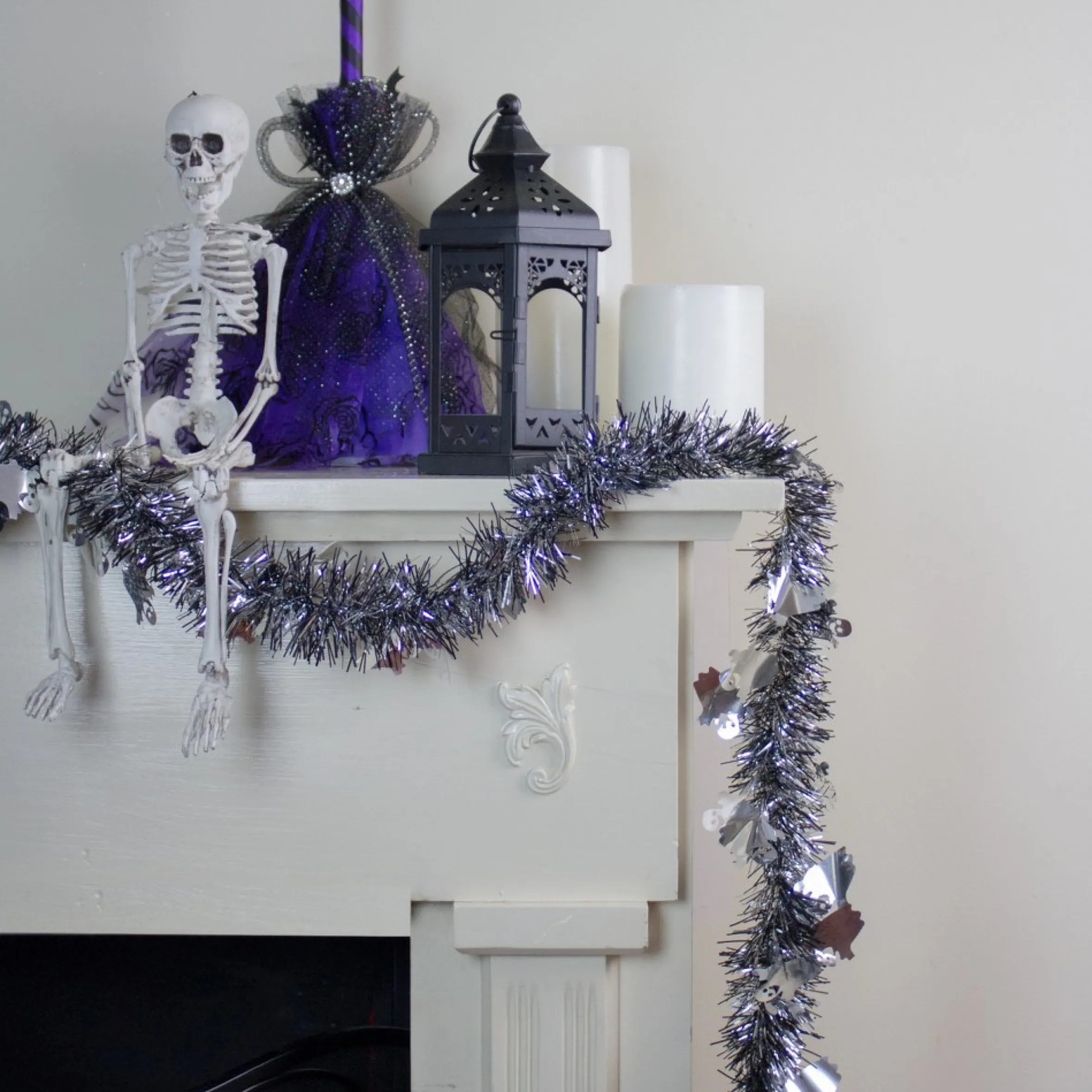 Black And Silver With Ghosts Halloween Tinsel Garland - 50 Feet, Unlit