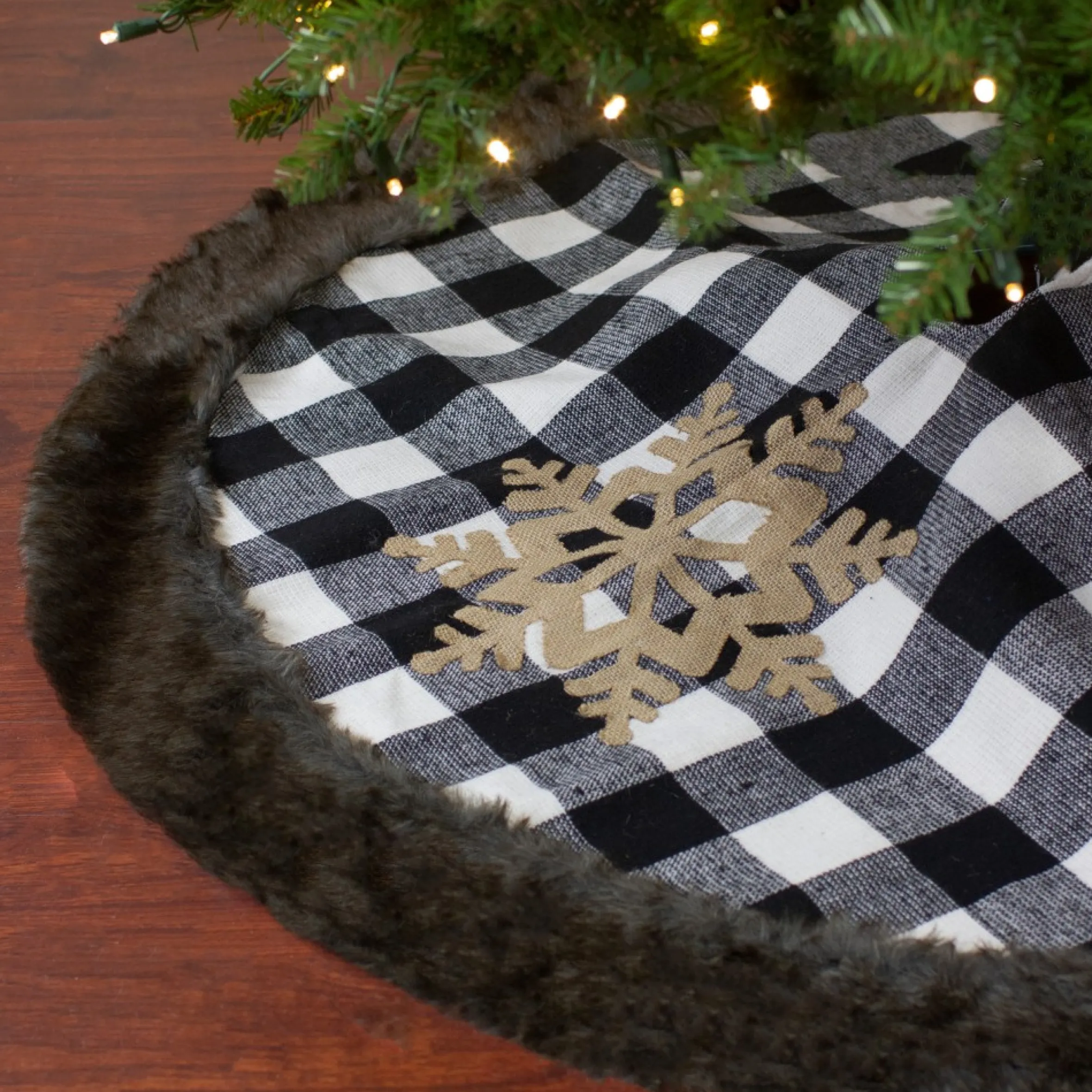 48" Black And White Buffalo Plaid Christmas Tree Skirt With Burlap Snowflake