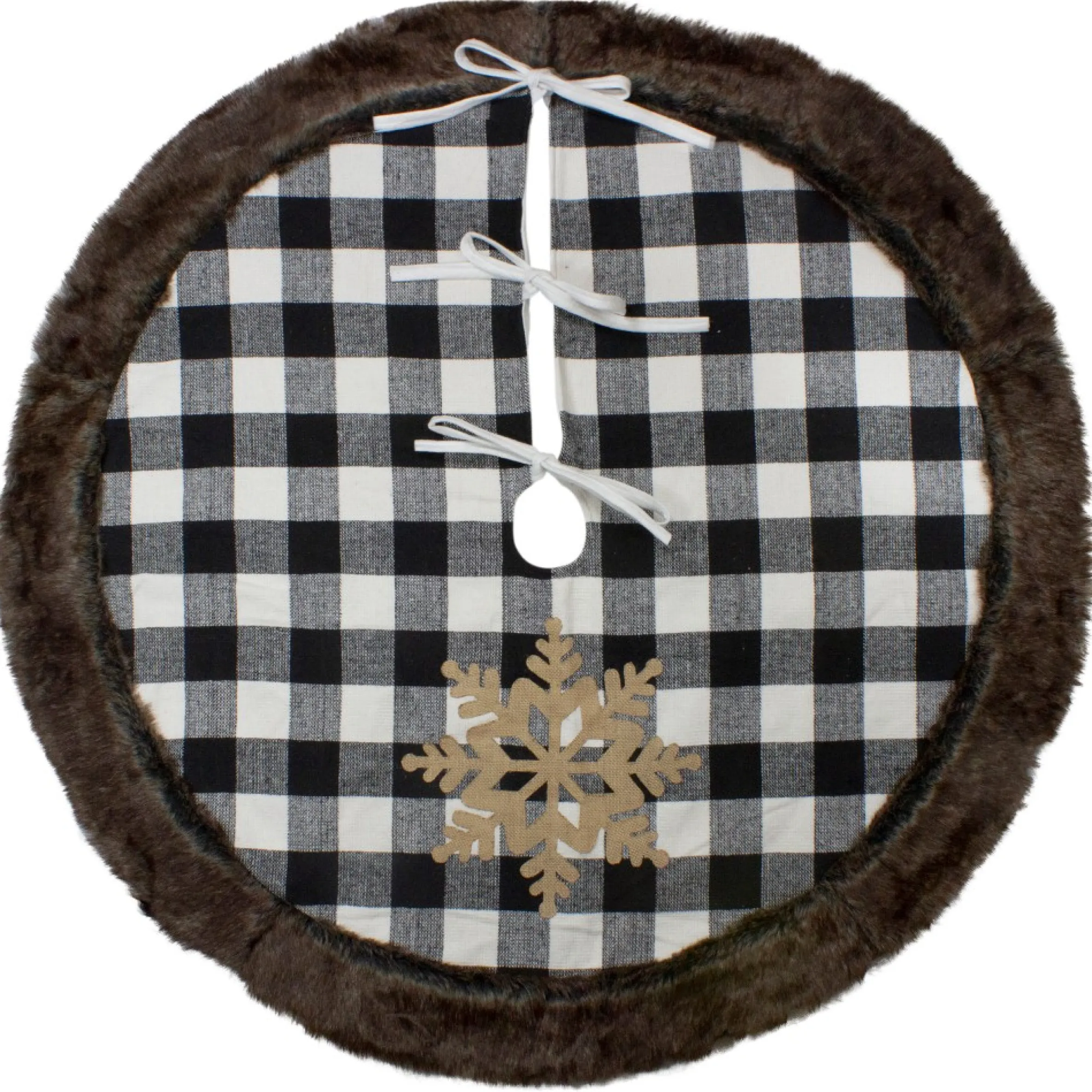 48" Black And White Buffalo Plaid Christmas Tree Skirt With Burlap Snowflake