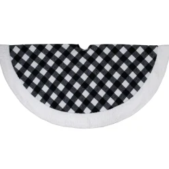 48" Black And White Buffalo Plaid Christmas Tree Skirt With High Pile Fleece Trim