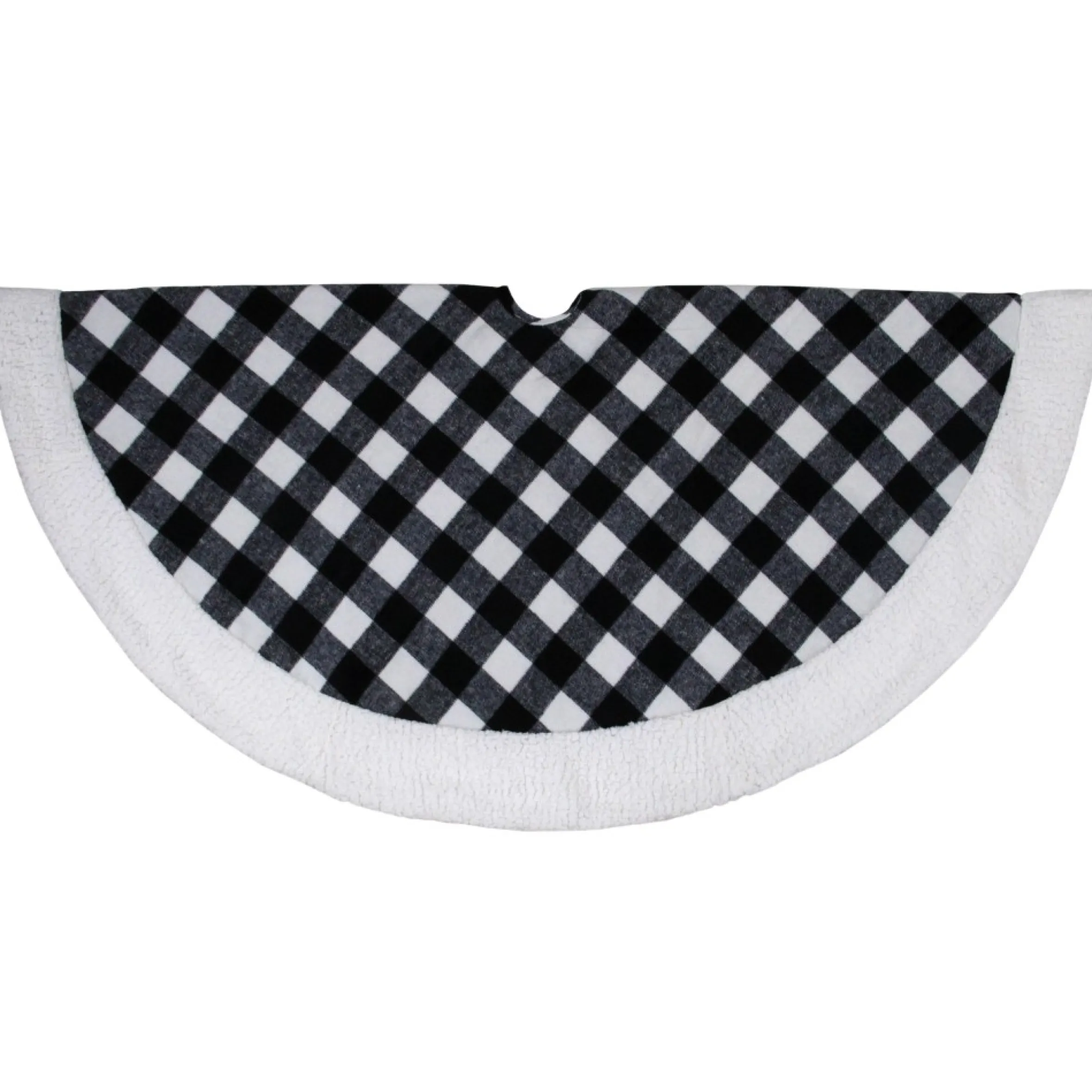 48" Black And White Buffalo Plaid Christmas Tree Skirt With High Pile Fleece Trim