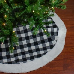 48" Black And White Buffalo Plaid Christmas Tree Skirt With High Pile Fleece Trim