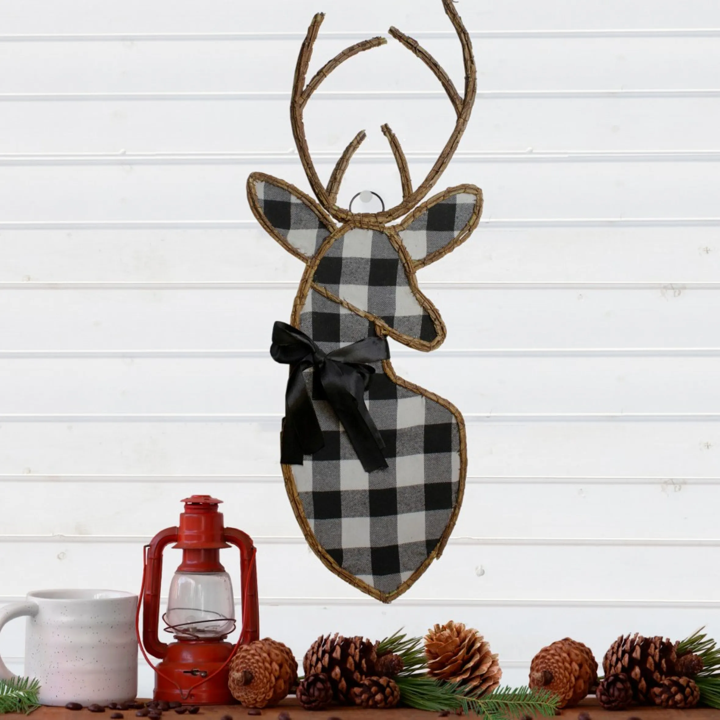 27" Black And White Fabric Deer Head Christmas Wall Decor