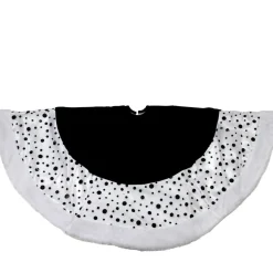 48" Black And White Glittered Polka Dot Christmas Tree Skirt With Faux Fur Trim