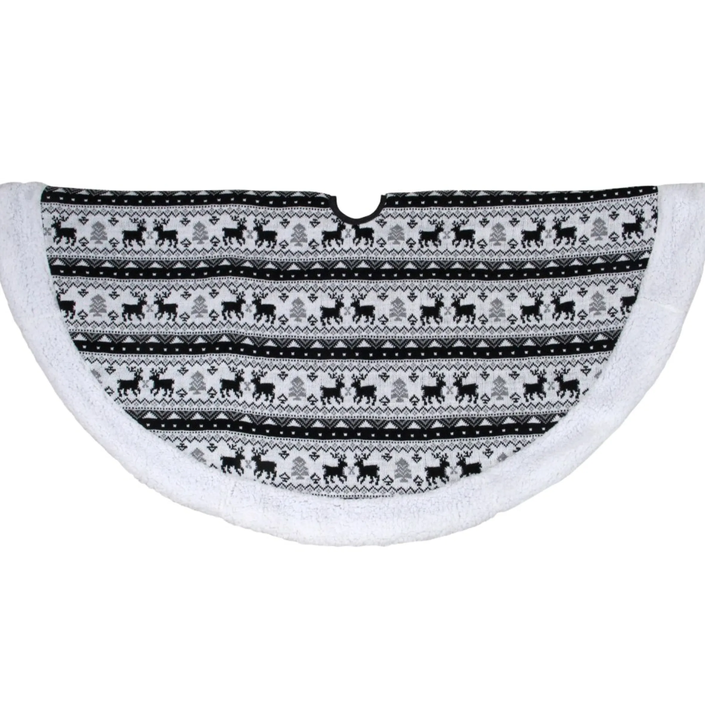 48" Black And White Knitted Reindeer Lodge Round Christmas Tree Skirt
