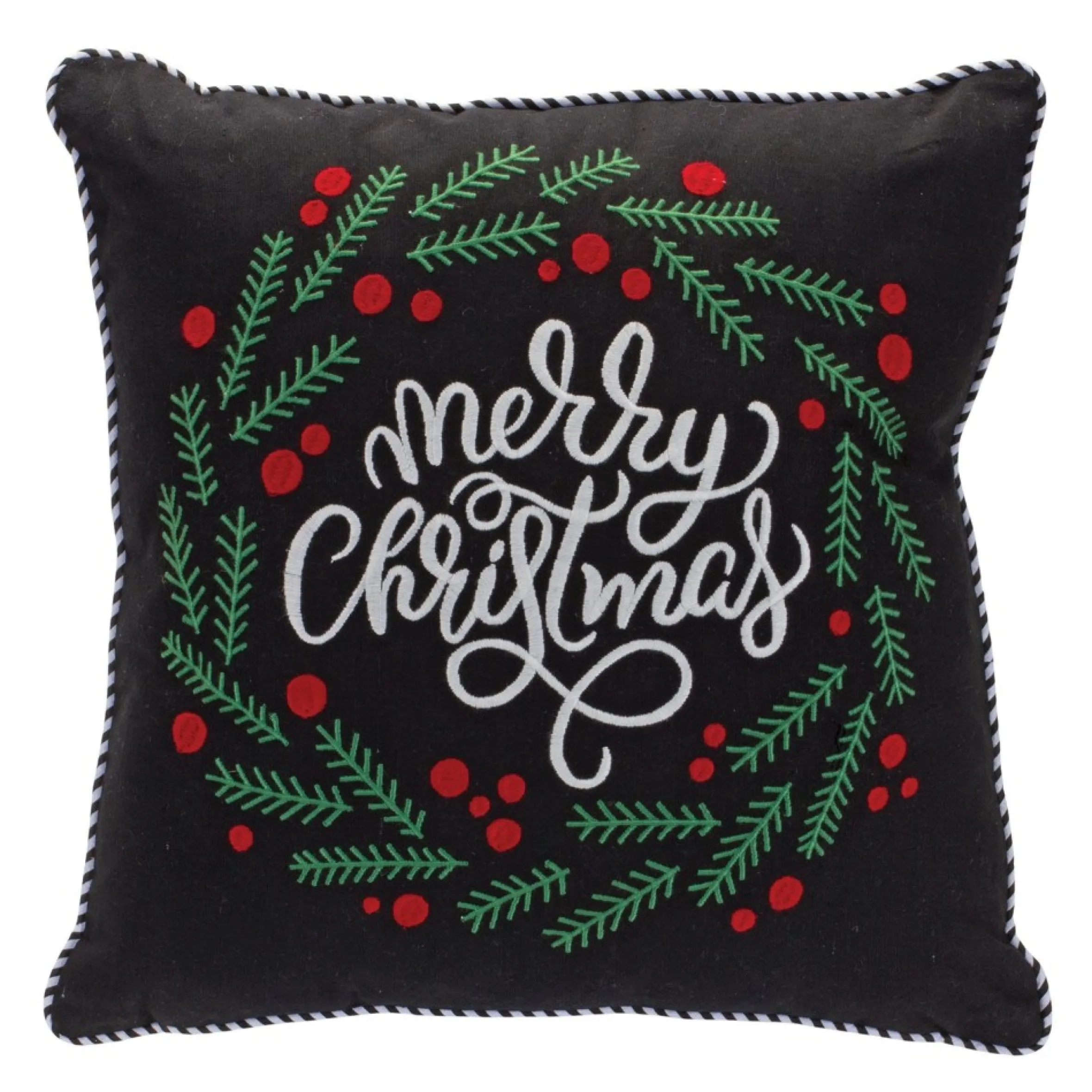 15.5" Black And White "Merry Christmas" Berry Wreath Throw Pillow