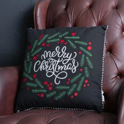 15.5" Black And White "Merry Christmas" Berry Wreath Throw Pillow