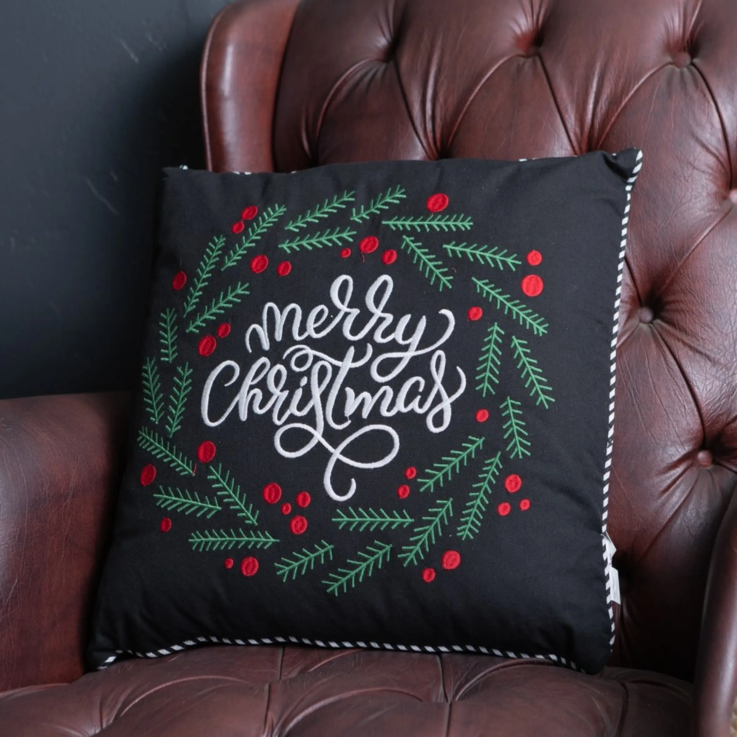 15.5" Black And White "Merry Christmas" Berry Wreath Throw Pillow