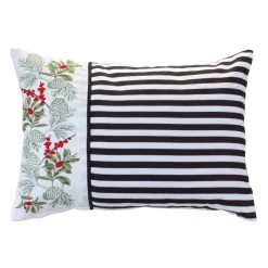19" Black And White Striped Embroidered Pine Christmas Throw Pillow