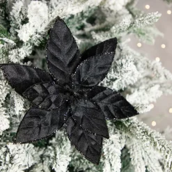 10" Black Glittered Poinsettia Christmas Floral Clip