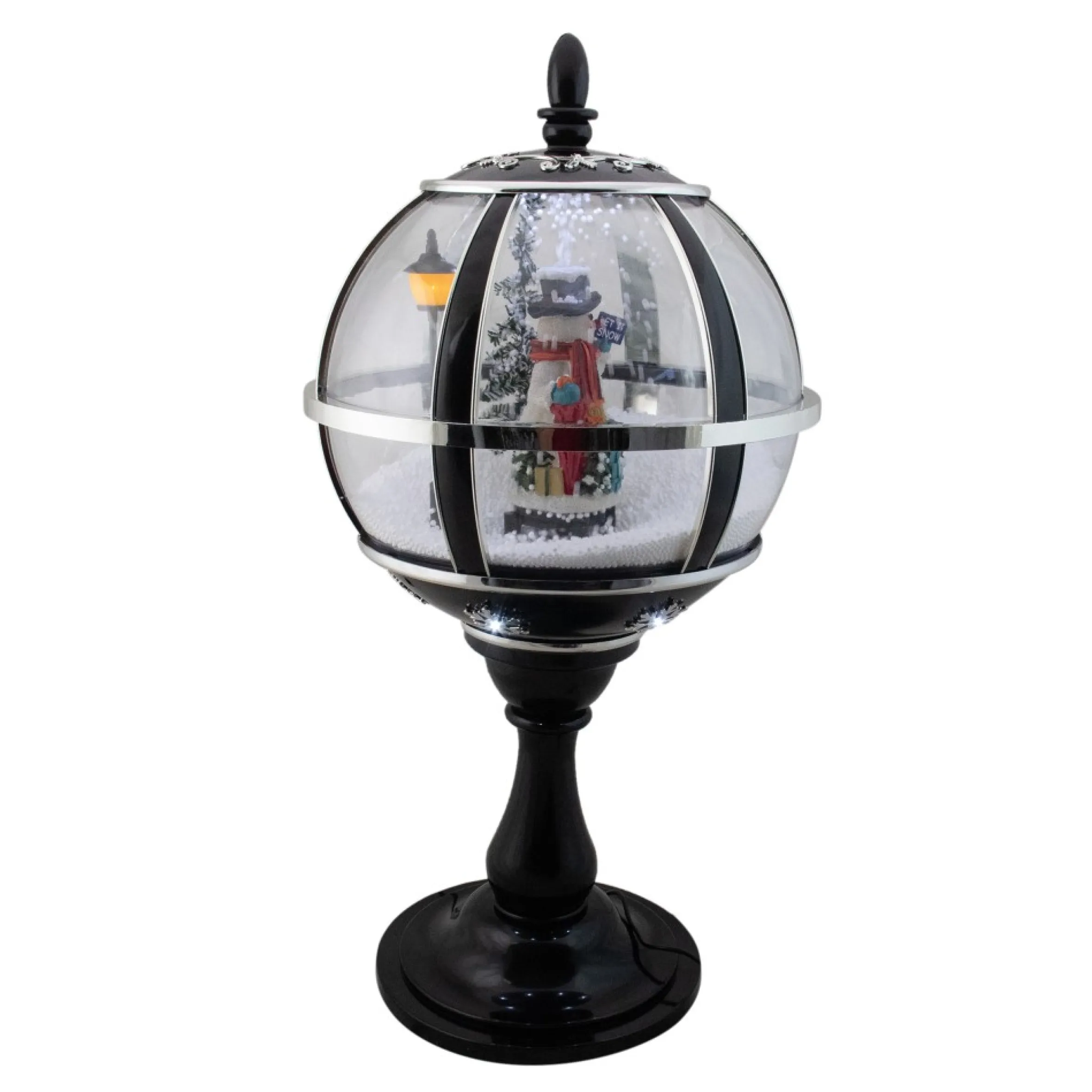 23.5" Black Lighted Musical Snowing Snowman Christmas Table Top Street Lamp