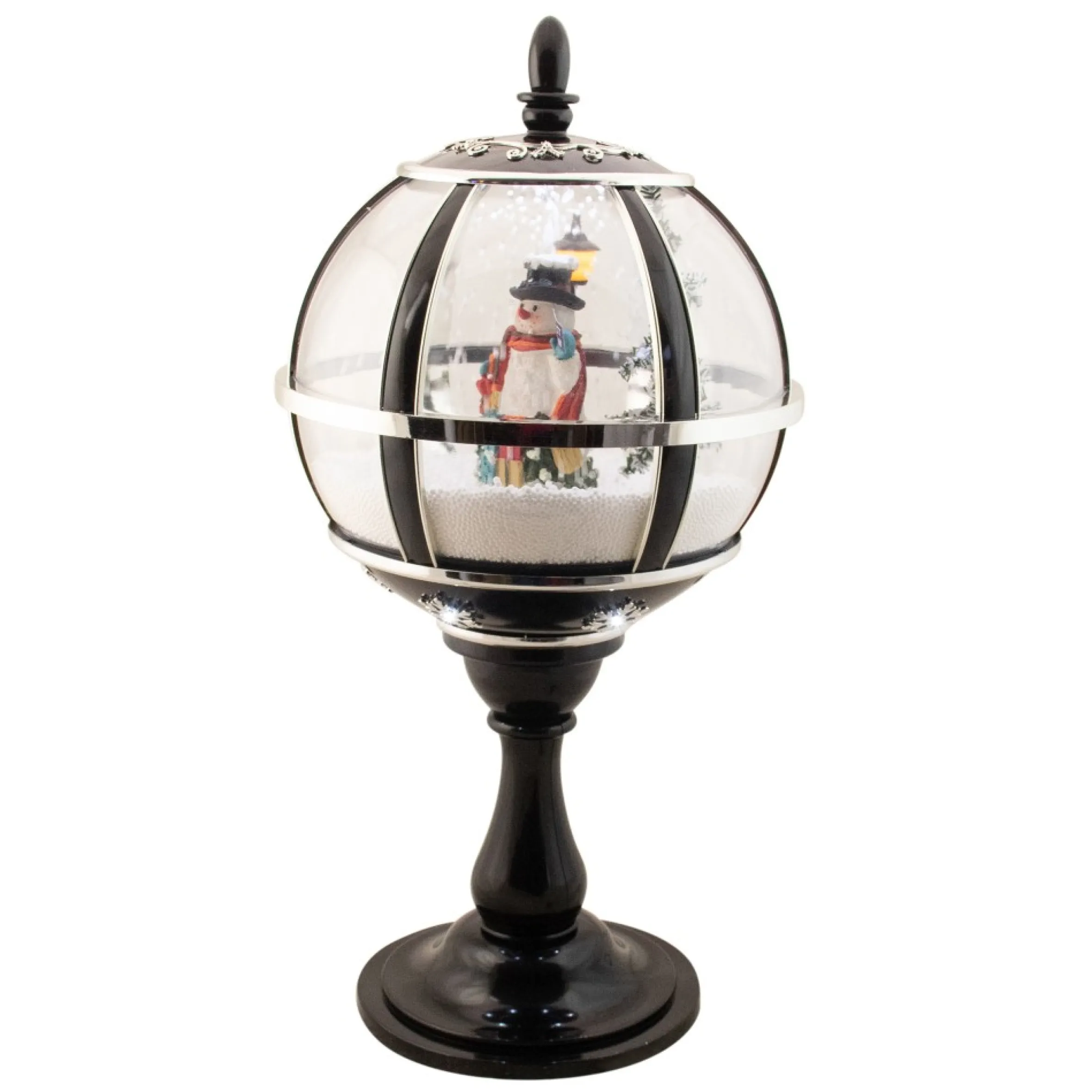 23.5" Black Lighted Musical Snowing Snowman Christmas Table Top Street Lamp