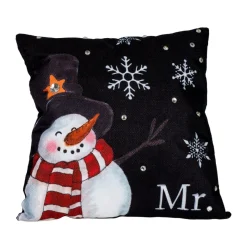 13" Black Sequined "Mr." Snowman Square Christmas Throw Pillow