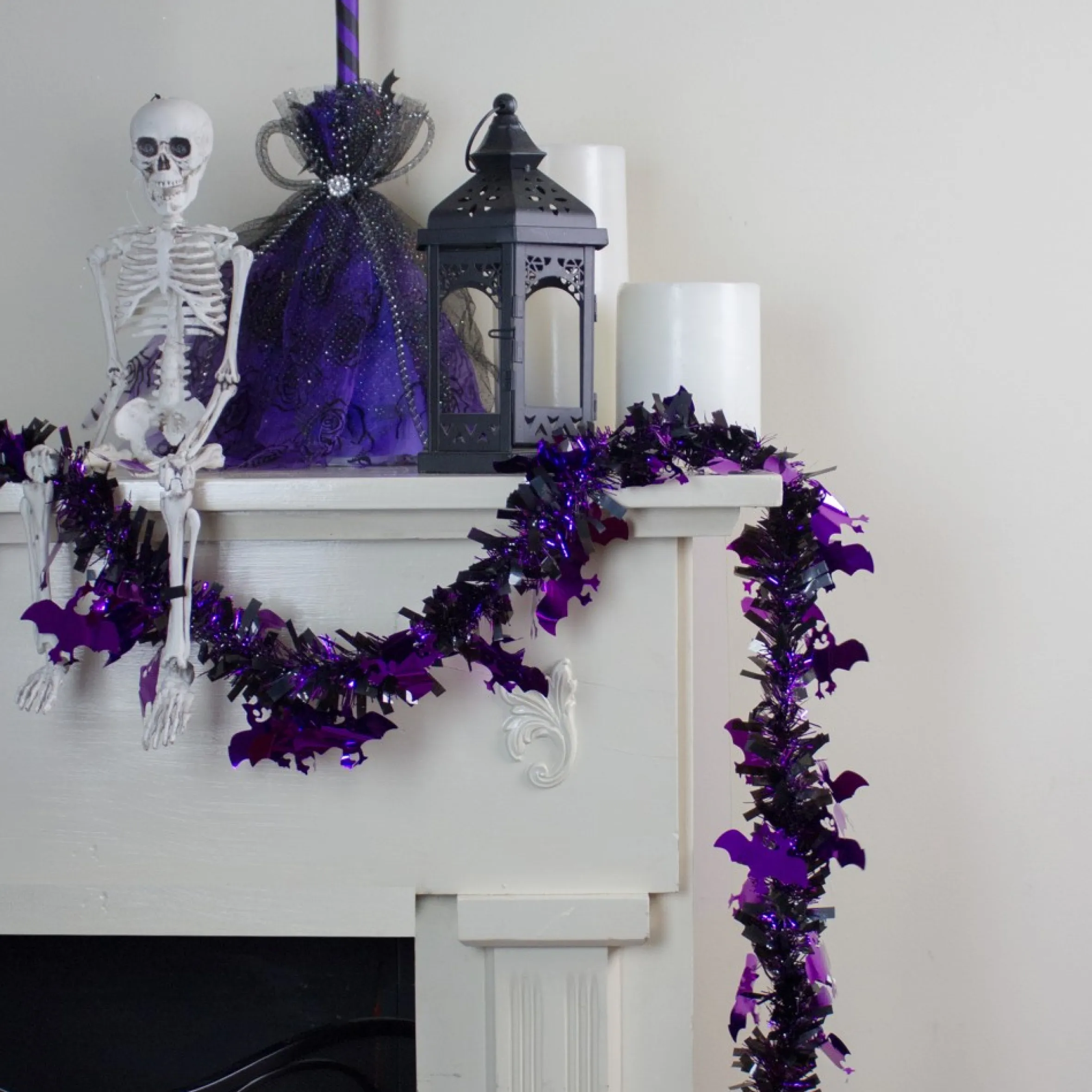 Black With Purple Bats Halloween Tinsel Garland - 50 Feet, Unlit