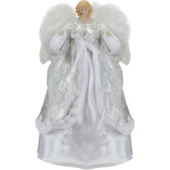 18" Blonde Angel In White And Sliver Dress With Faux Fur Trim Christmas Tree Topper
