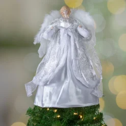 18" Blonde Angel In White And Sliver Dress With Faux Fur Trim Christmas Tree Topper