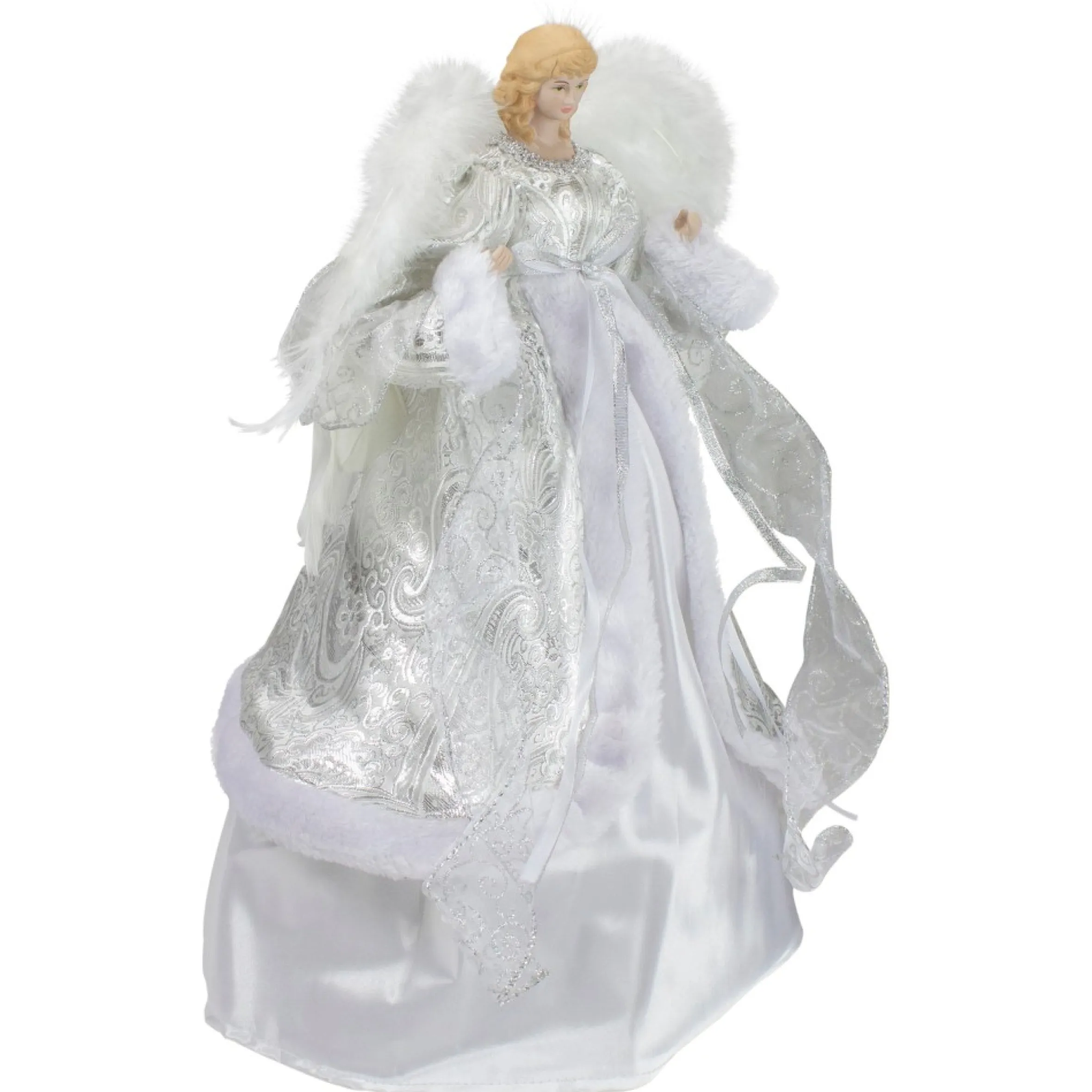 18" Blonde Angel In White And Sliver Dress With Faux Fur Trim Christmas Tree Topper
