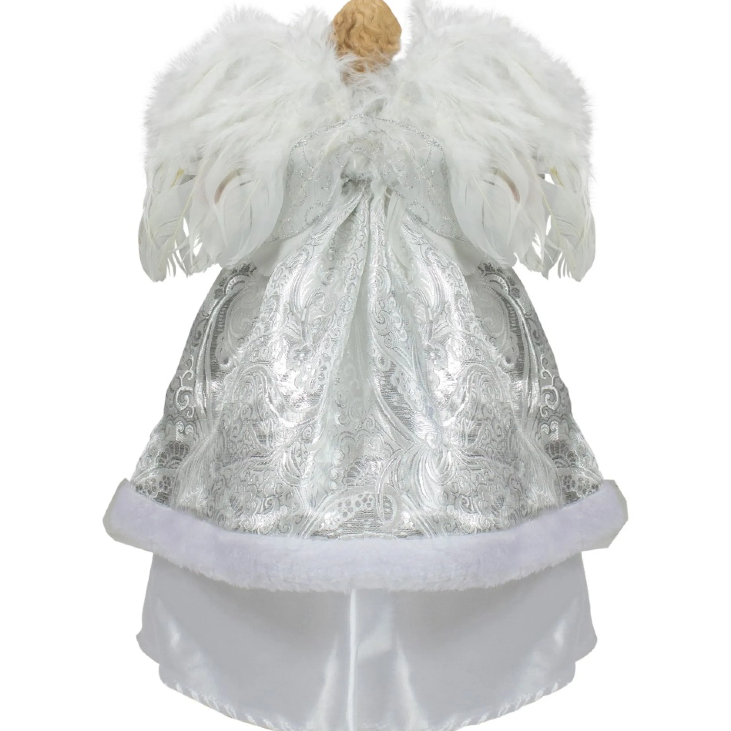 18" Blonde Angel In White And Sliver Dress With Faux Fur Trim Christmas Tree Topper