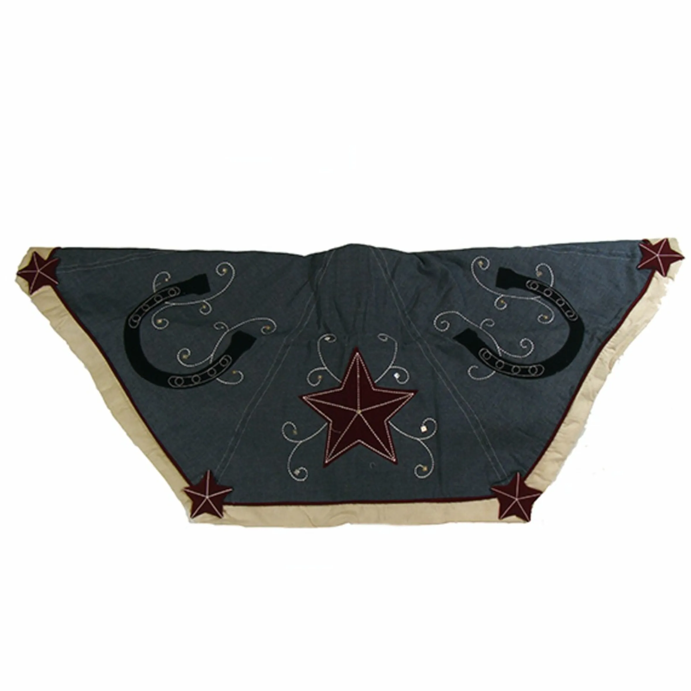 48" Blue And Black Christmas Tree Skirt With Embroidered Stars And Horseshoes
