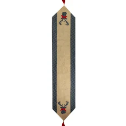 80" Blue And Brown Burlap And Plaid Reindeer Christmas Table Runner