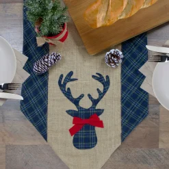 80" Blue And Brown Burlap And Plaid Reindeer Christmas Table Runner