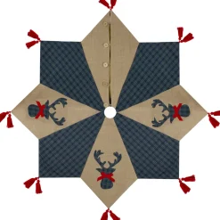 48" Blue And Brown Burlap And Plaid Reindeer Christmas Tree Skirt With Tassels