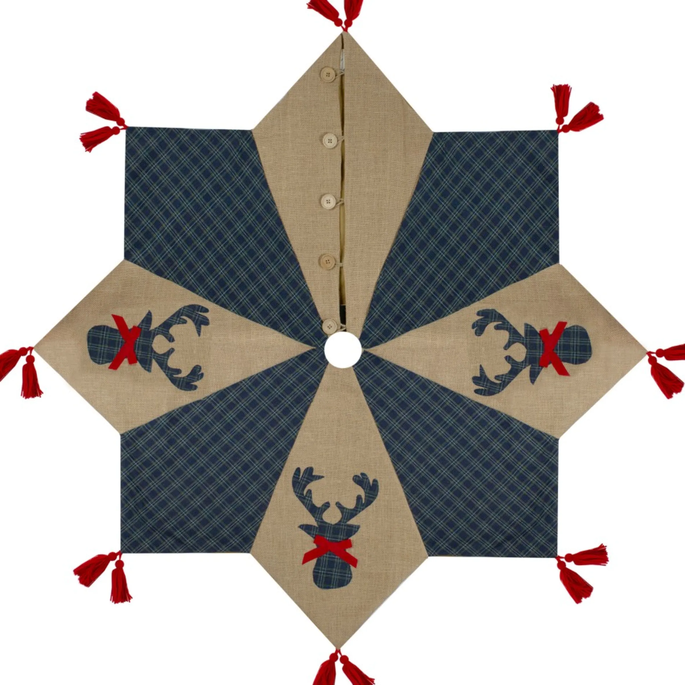48" Blue And Brown Burlap And Plaid Reindeer Christmas Tree Skirt With Tassels