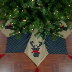 48" Blue And Brown Burlap And Plaid Reindeer Christmas Tree Skirt With Tassels