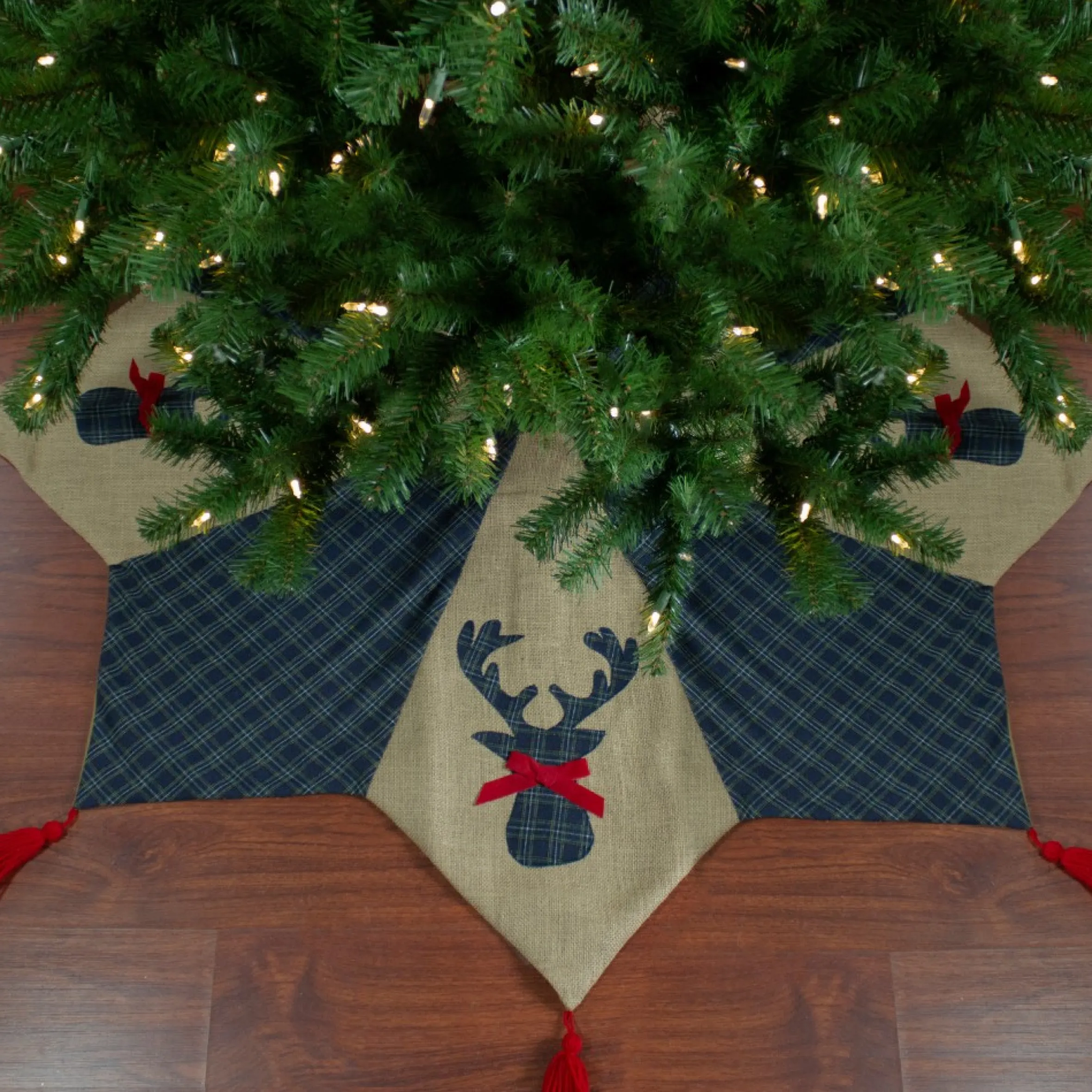 48" Blue And Brown Burlap And Plaid Reindeer Christmas Tree Skirt With Tassels