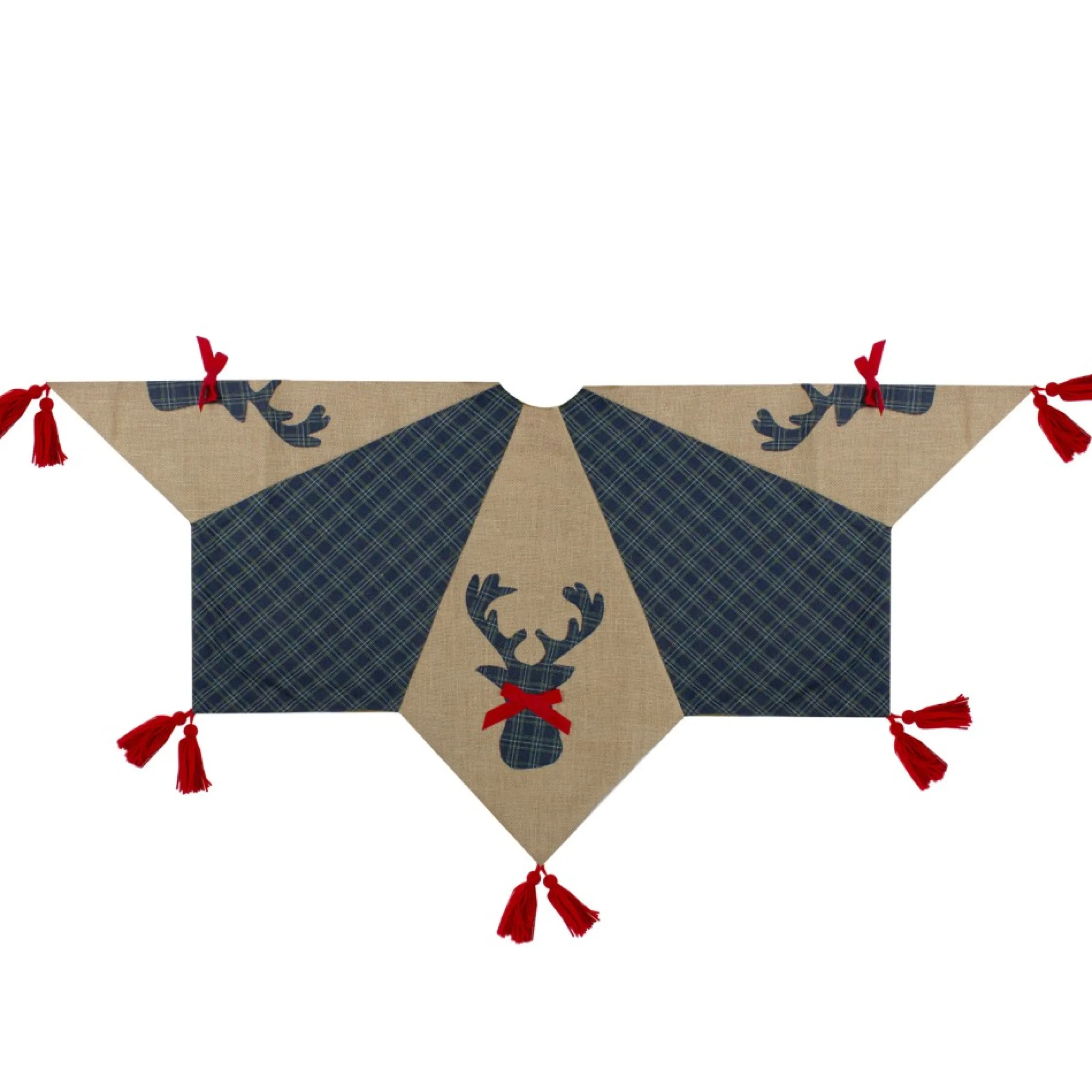 48" Blue And Brown Burlap And Plaid Reindeer Christmas Tree Skirt With Tassels