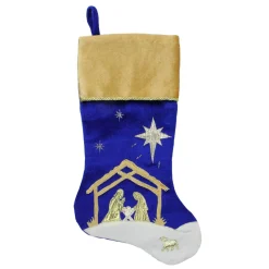 20.5" Blue And Gold Nativity Scene Christmas Stocking With Gold Cuff