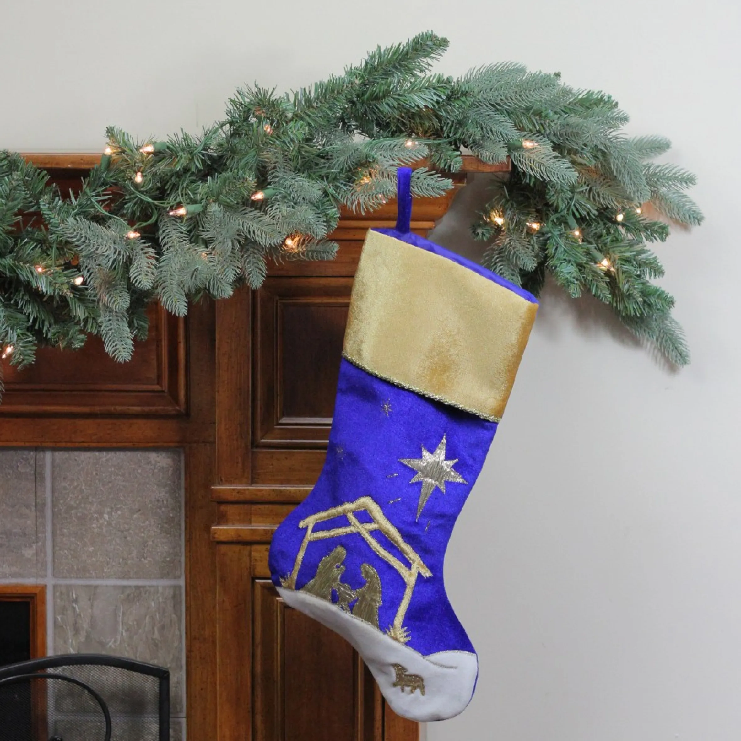 20.5" Blue And Gold Nativity Scene Christmas Stocking With Gold Cuff