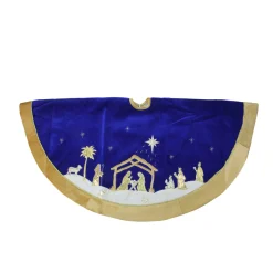 48" Blue And Gold Nativity Scene Christmas Tree Skirt With Gold Border