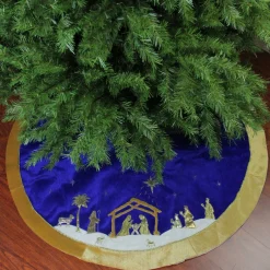 48" Blue And Gold Nativity Scene Christmas Tree Skirt With Gold Border