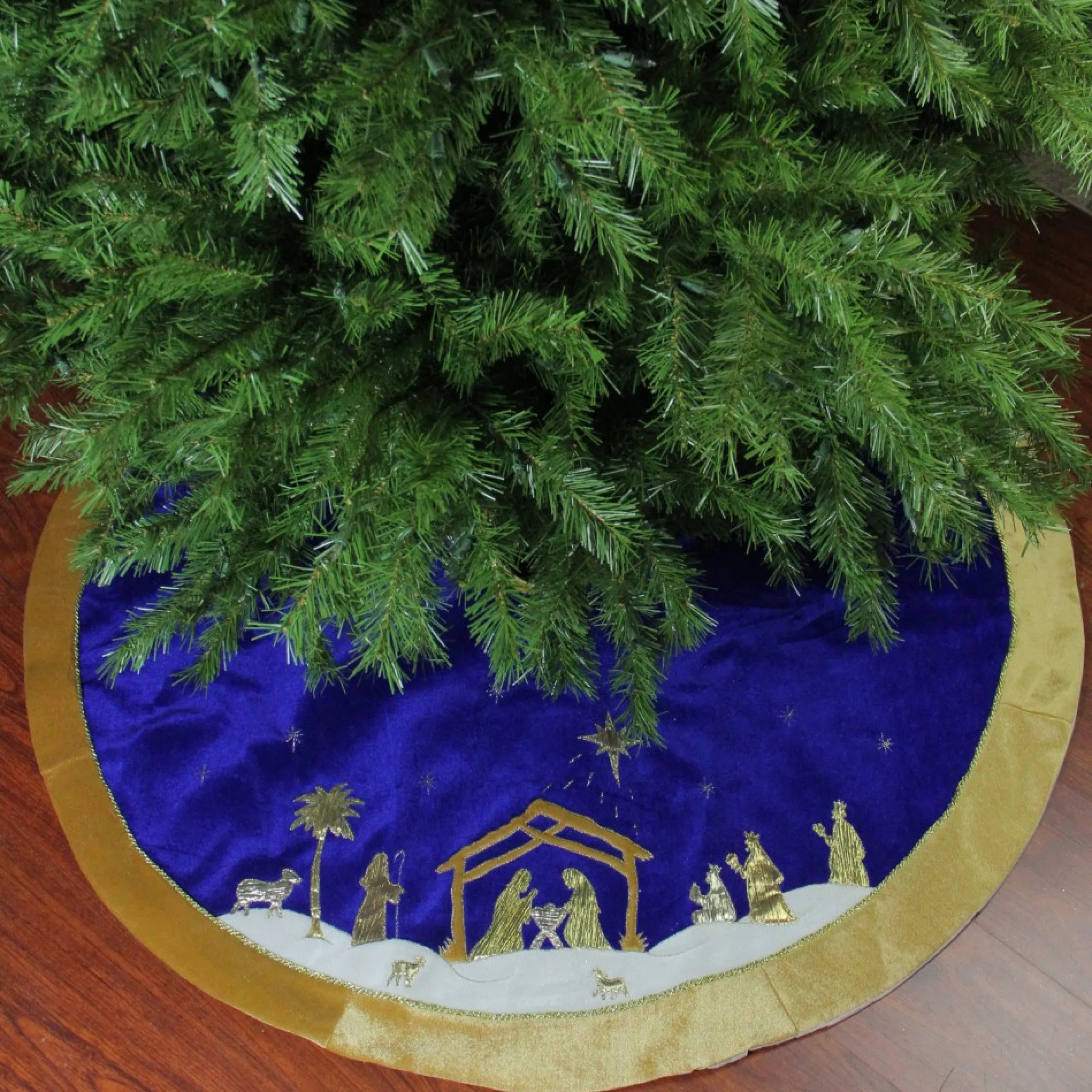 48" Blue And Gold Nativity Scene Christmas Tree Skirt With Gold Border