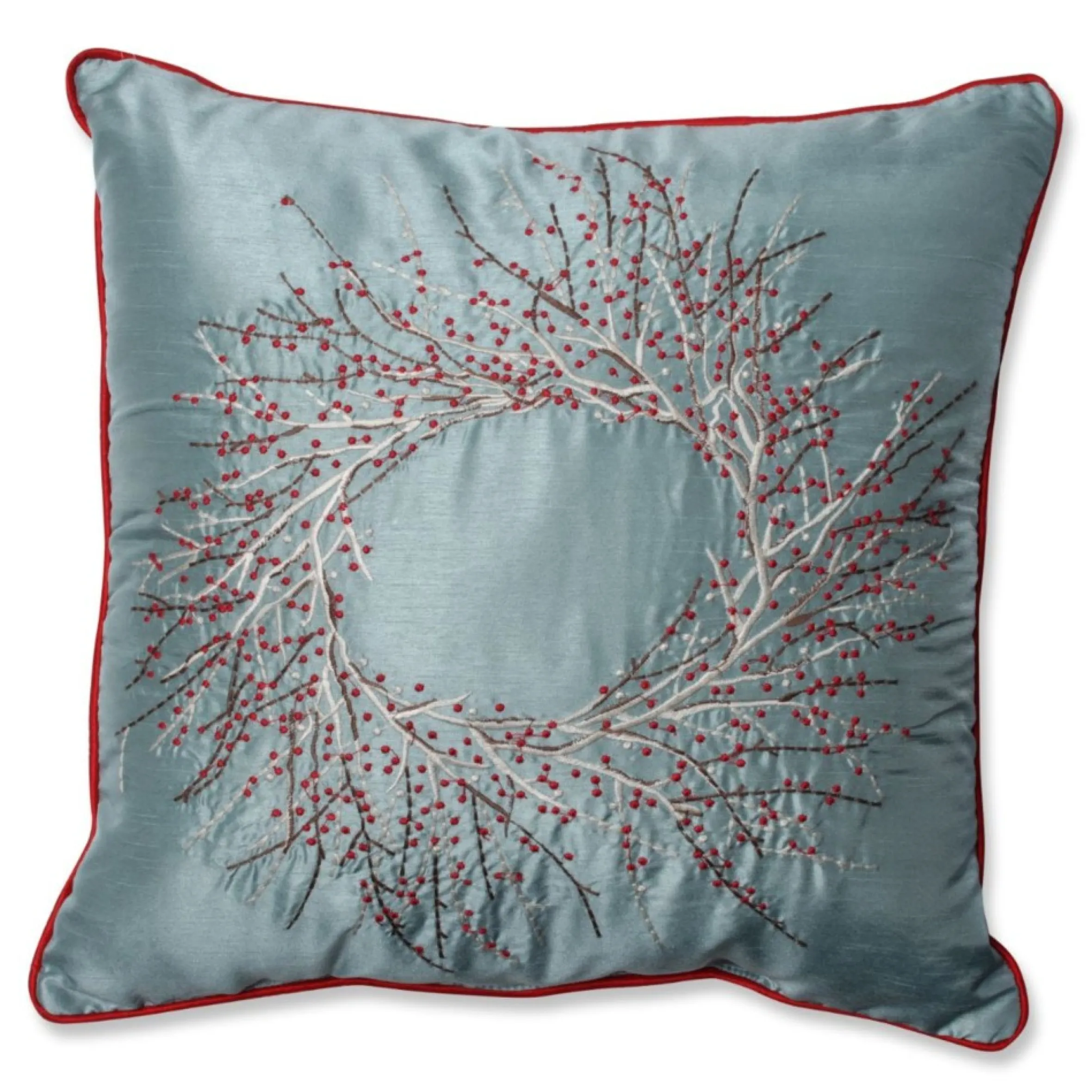 18" Blue And Red Christmas Wreath Square Throw Pillow