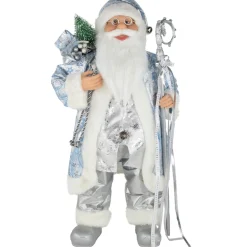 24" Blue And Silver Ice Palace Santa Claus With Staff And Bag Christmas Figure