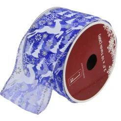 Blue Winter Wonderland Flying Reindeer Wired Christmas Craft Ribbon 2.5" X 10 Yards
