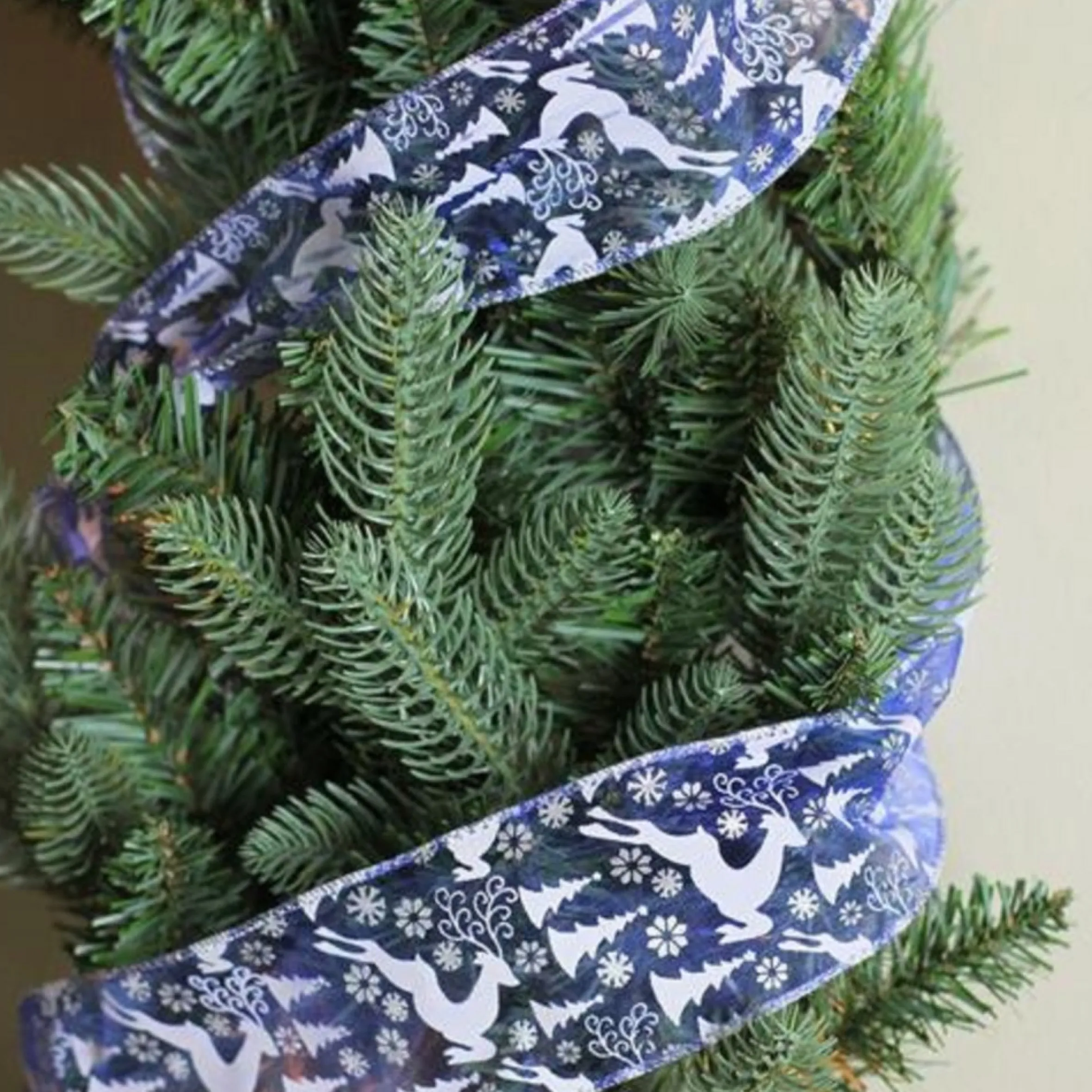 Blue Winter Wonderland Flying Reindeer Wired Christmas Craft Ribbon 2.5" X 10 Yards