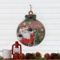 15" B/O Lighted Ball Ornament With Santa Claus Wooden Christmas Wall Sign