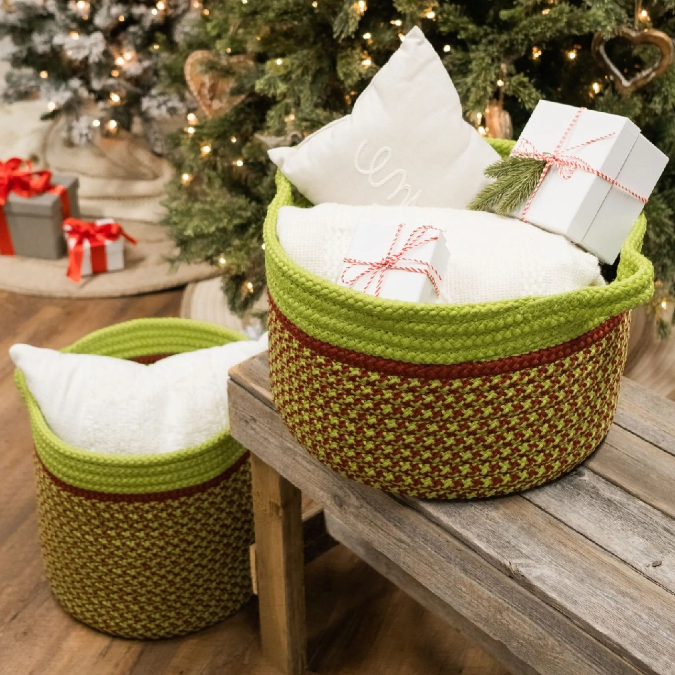 14" Braided Houndstooth Christmas Storage Basket