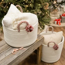 14" Braided Round Candy Cane Basket With Red Handles