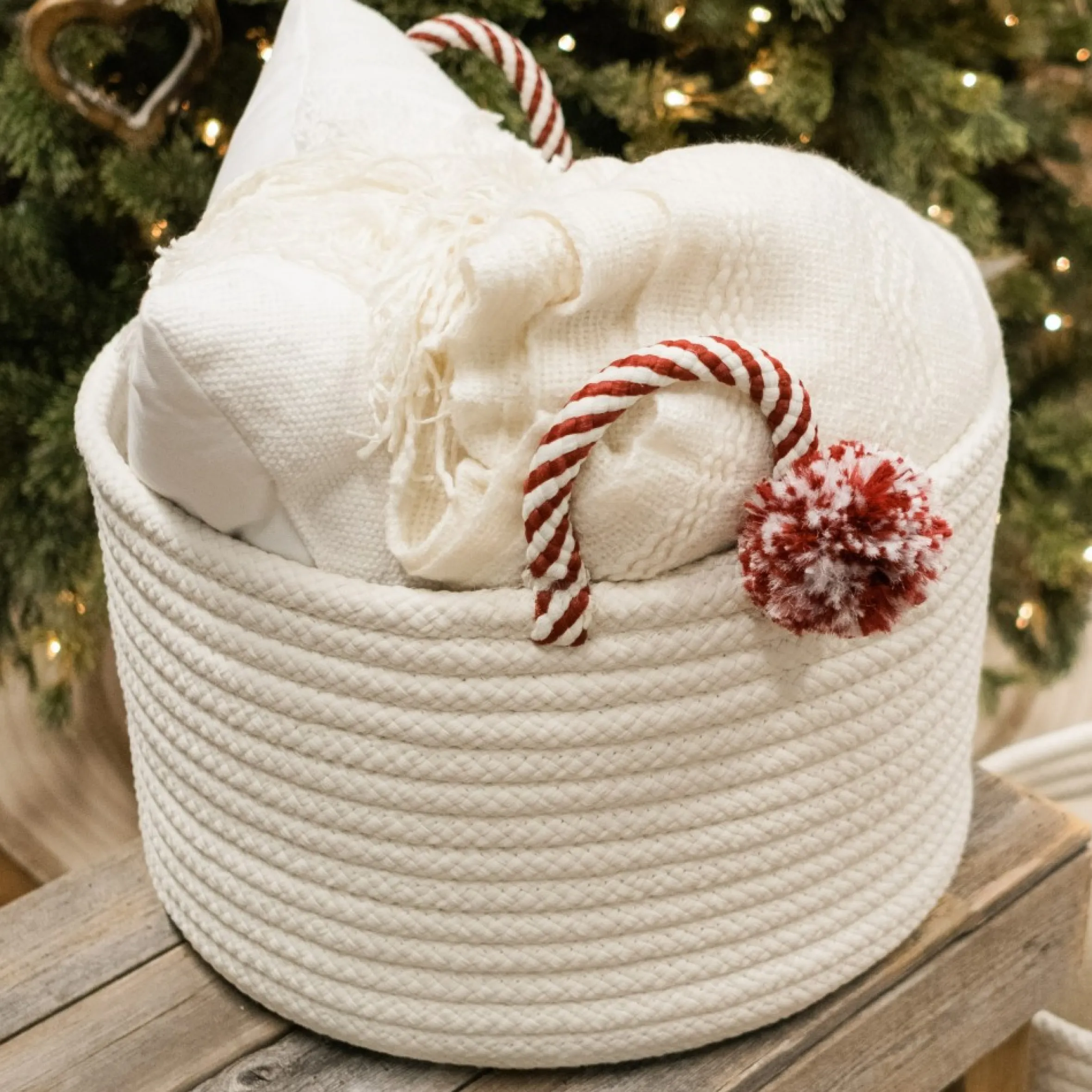 14" Braided Round Candy Cane Basket With Red Handles